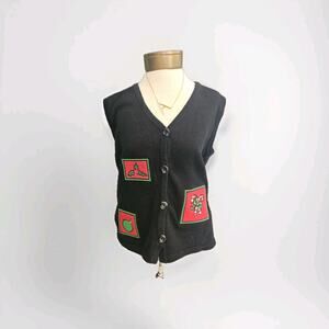Vintage Cute Ugly Christmas Holiday Sleeveless Sweater Vest Black Medium M/L